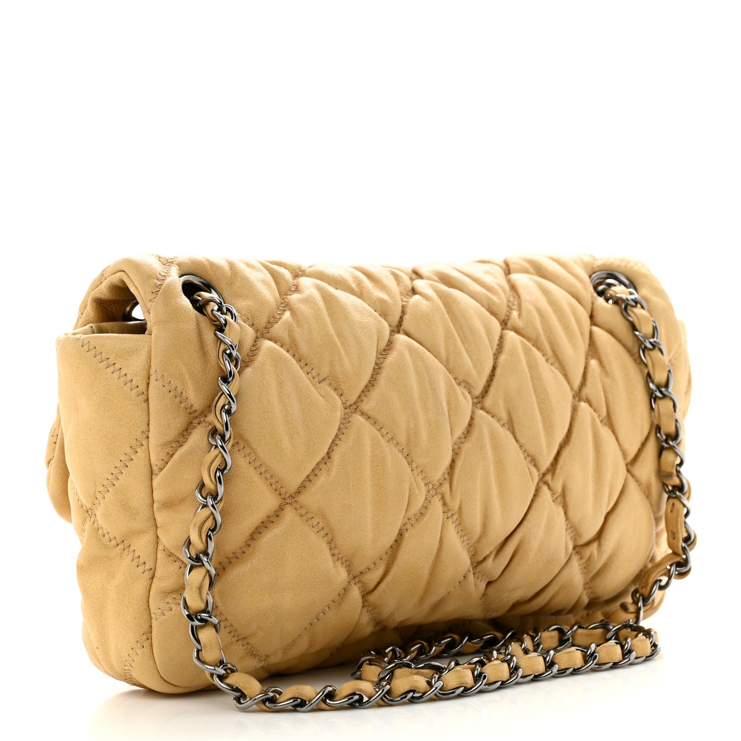 Calfskin Quilted Medium Bubble Quilt Flap Bag Beige