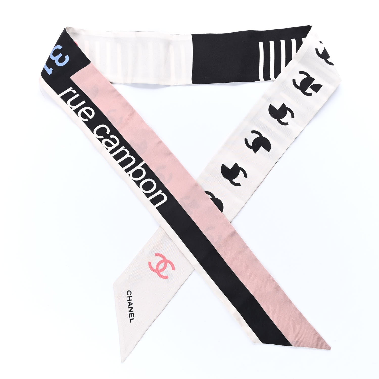 Chanel Silk 31 Rue Cambon CC Slim Bandeau Scarf Ecru Pink Black 1 of 2