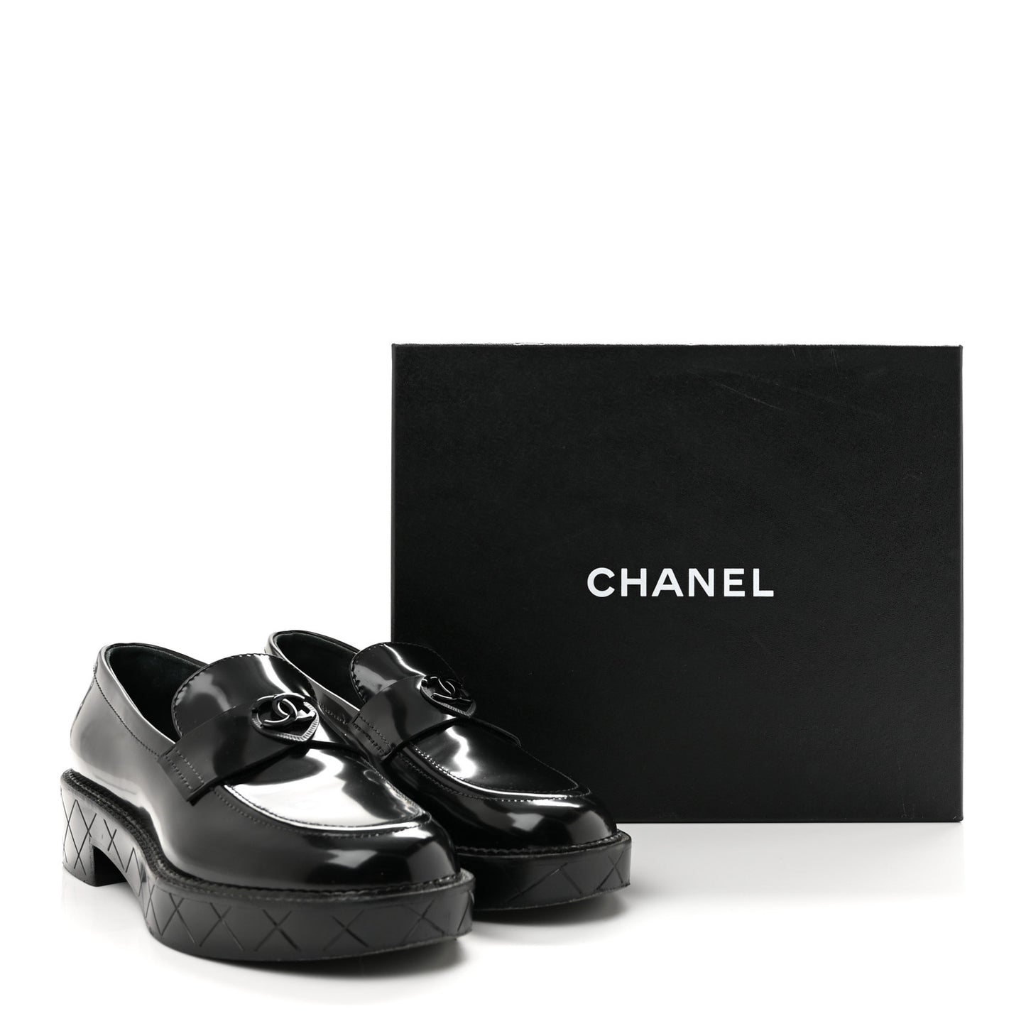 Shiny Calfskin Quilted CC Mocassin Loafers 39 Black