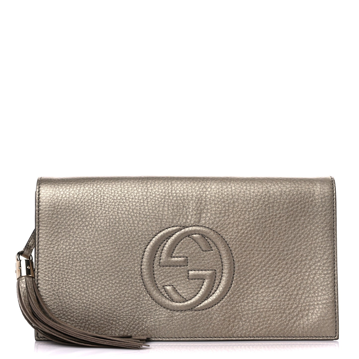 Metallic Pebbled Calfskin Medium Soho Clutch Golden Beige
