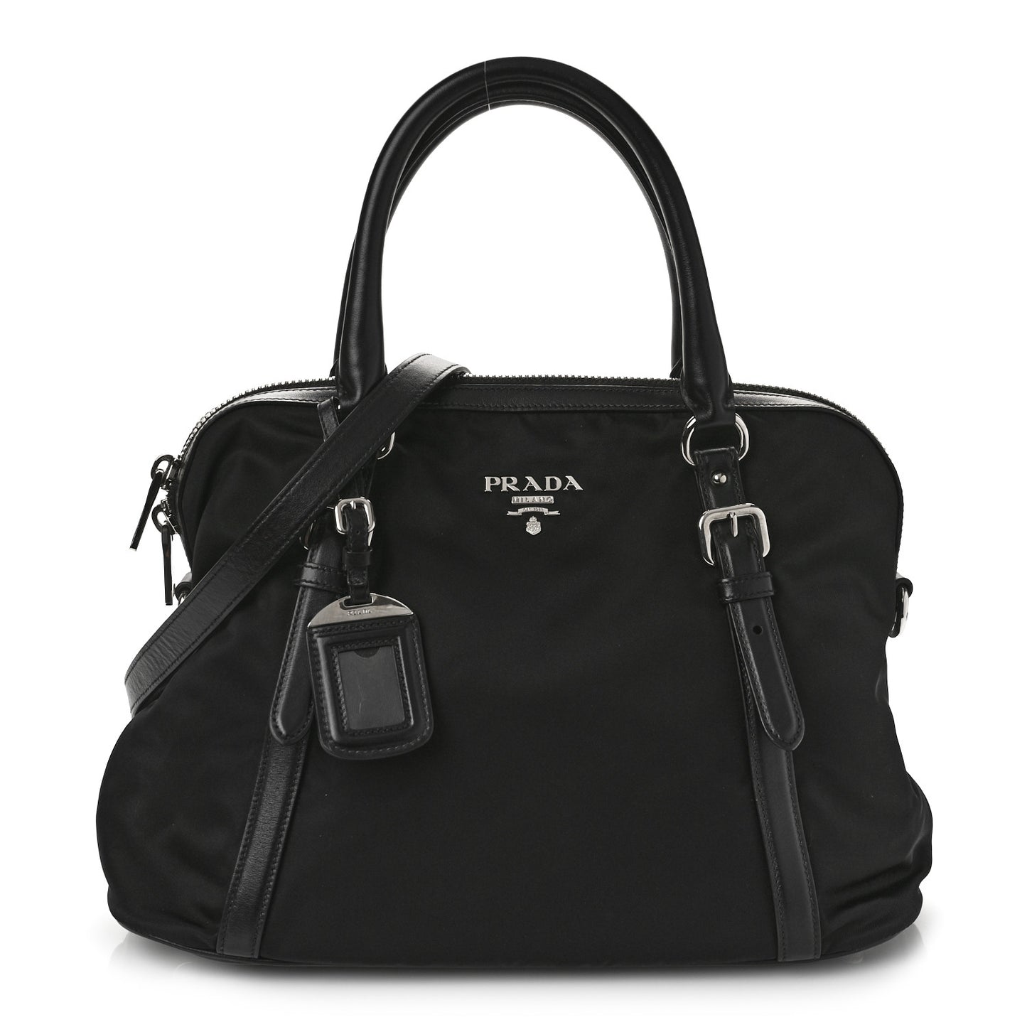 Tessuto Nylon Calfskin Dome Satchel Black