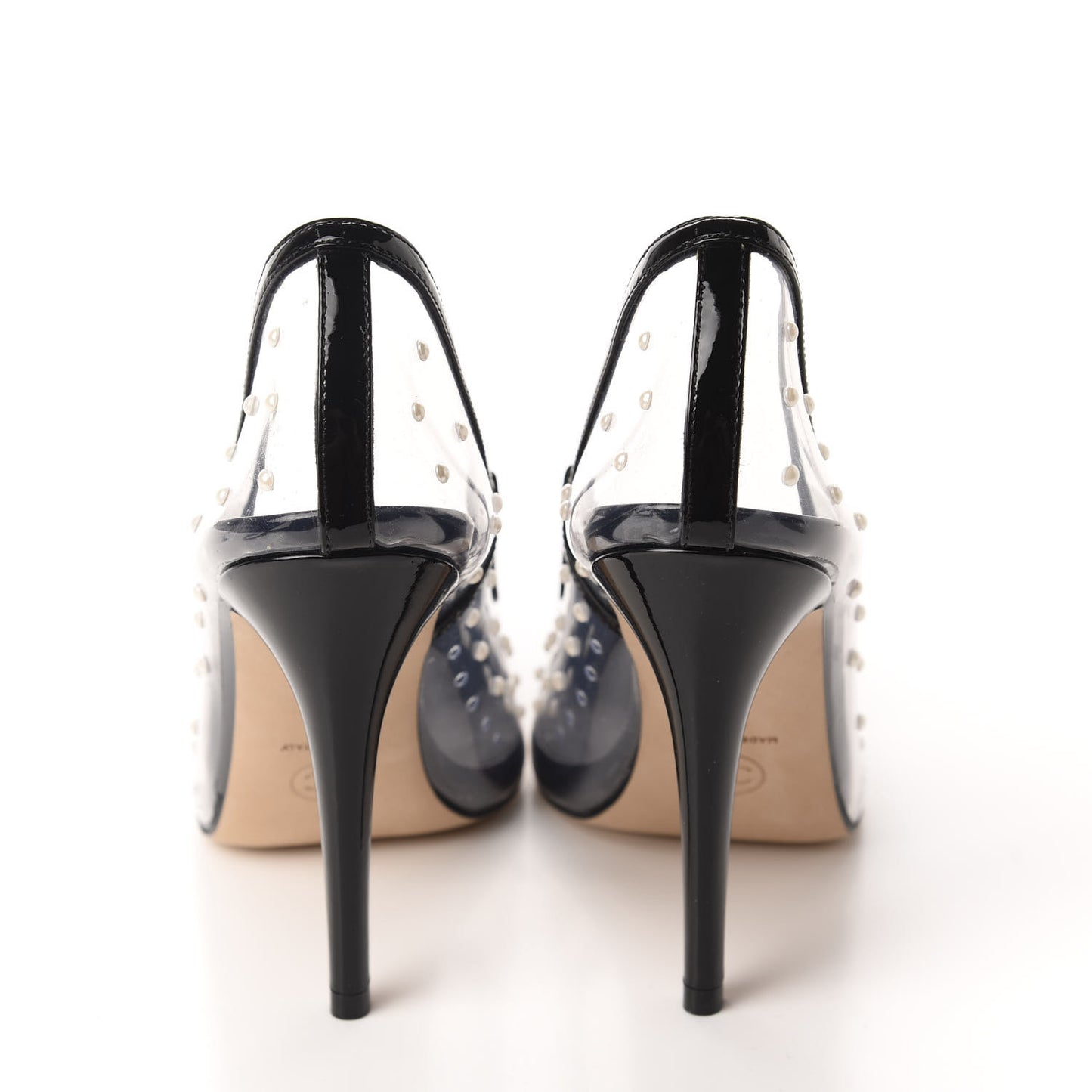 PVC Patent Calfskin Pearl Cap Toe Pumps 37 Transparent Black