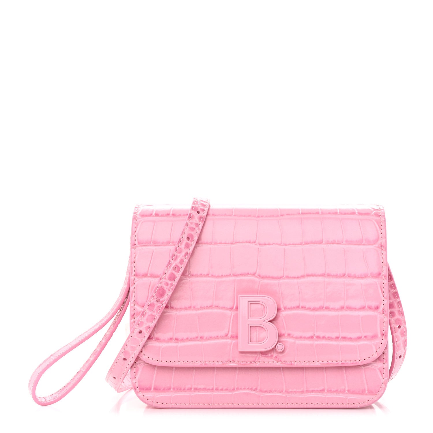 Balenciaga Shiny Calfskin Crocodile Embossed Small B Crossbody Bag Pink 1 of 12