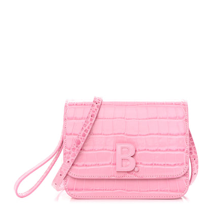 Balenciaga Shiny Calfskin Crocodile Embossed Small B Crossbody Bag Pink 1 of 12