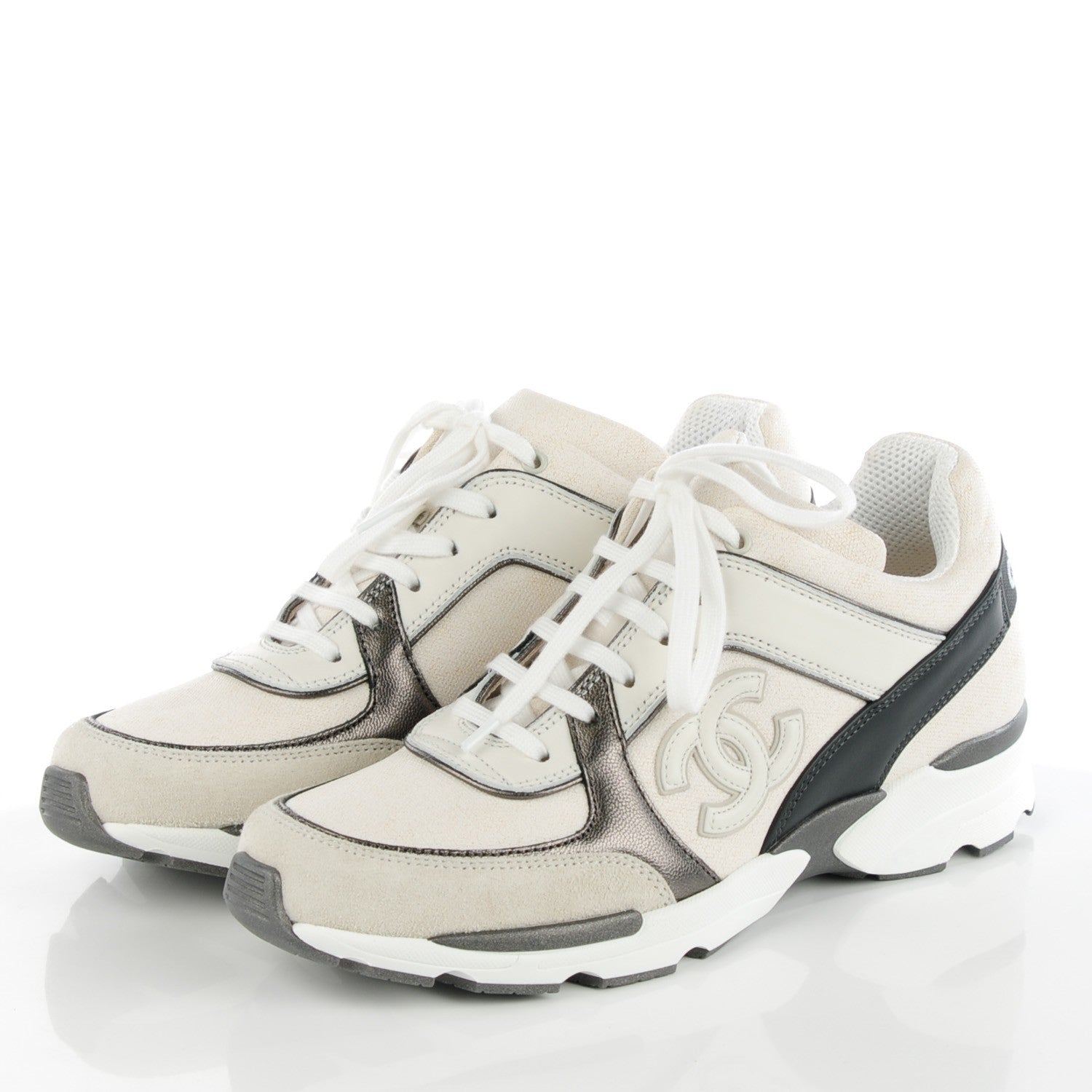 Chanel Suede Calfskin CC Sneakers 37 White Grey 3 of 9