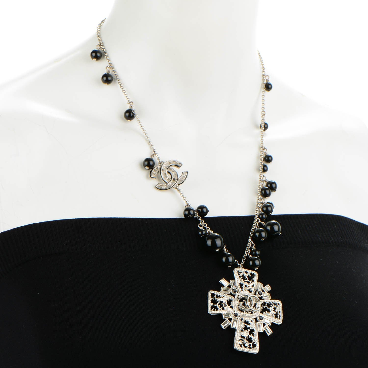 Chanel Bead Crystal CC Cross Pendant Necklace Black Silver 2 of 7