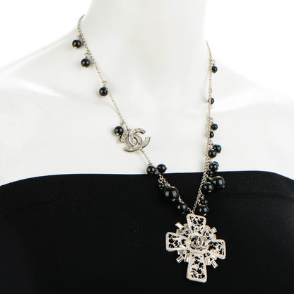 Chanel Bead Crystal CC Cross Pendant Necklace Black Silver 2 of 7