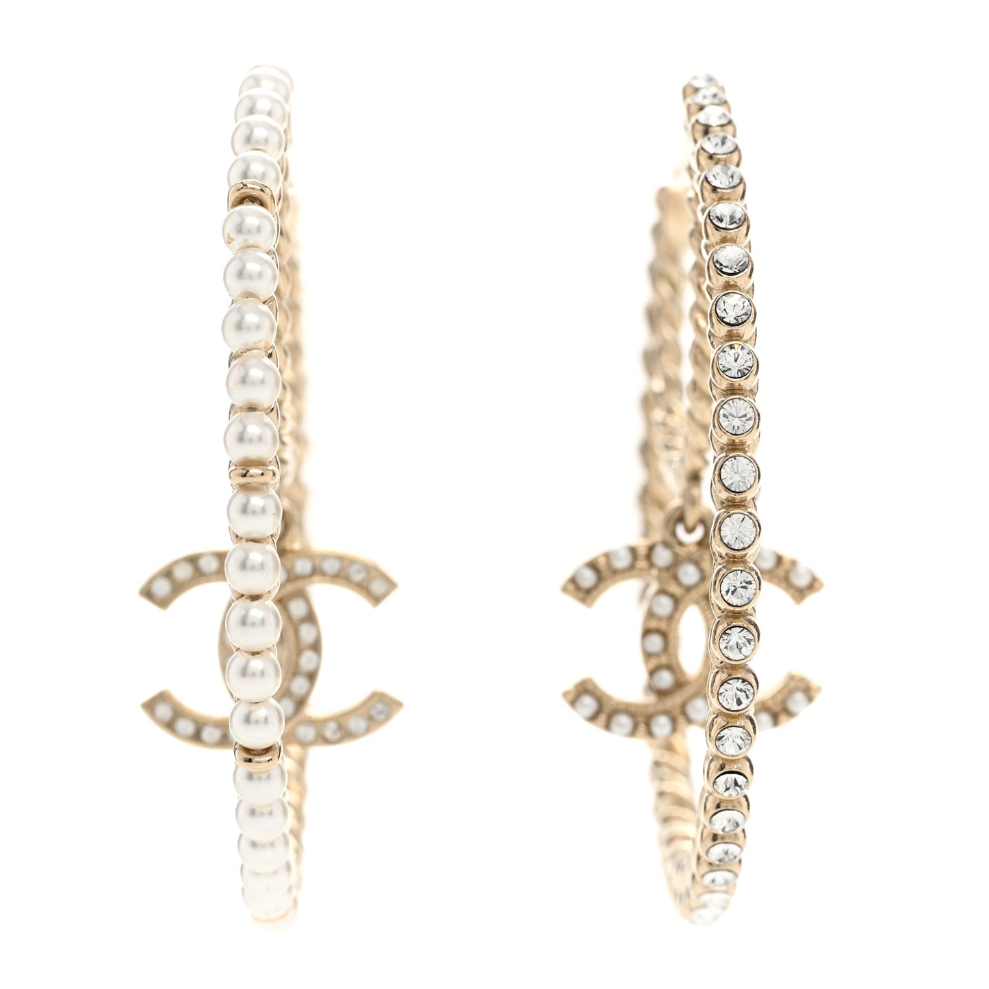 Crystal Pearl CC Drop Hoop Earrings Gold Pearly White