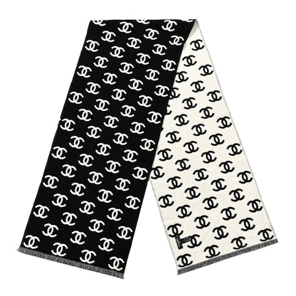 Chanel Wool Cashmere CC Scarf Black White 2 of 3