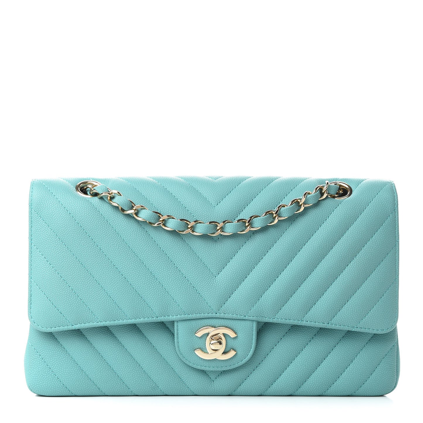 Caviar Flat Chevron Quilted Medium Double Flap Green