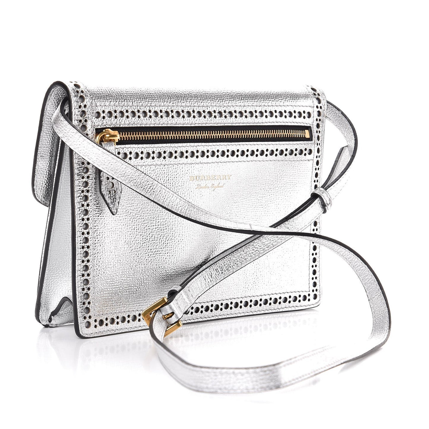 Metallic Grainy Calfskin Broguing Tassel Small Macken Crossbody Bag Silver