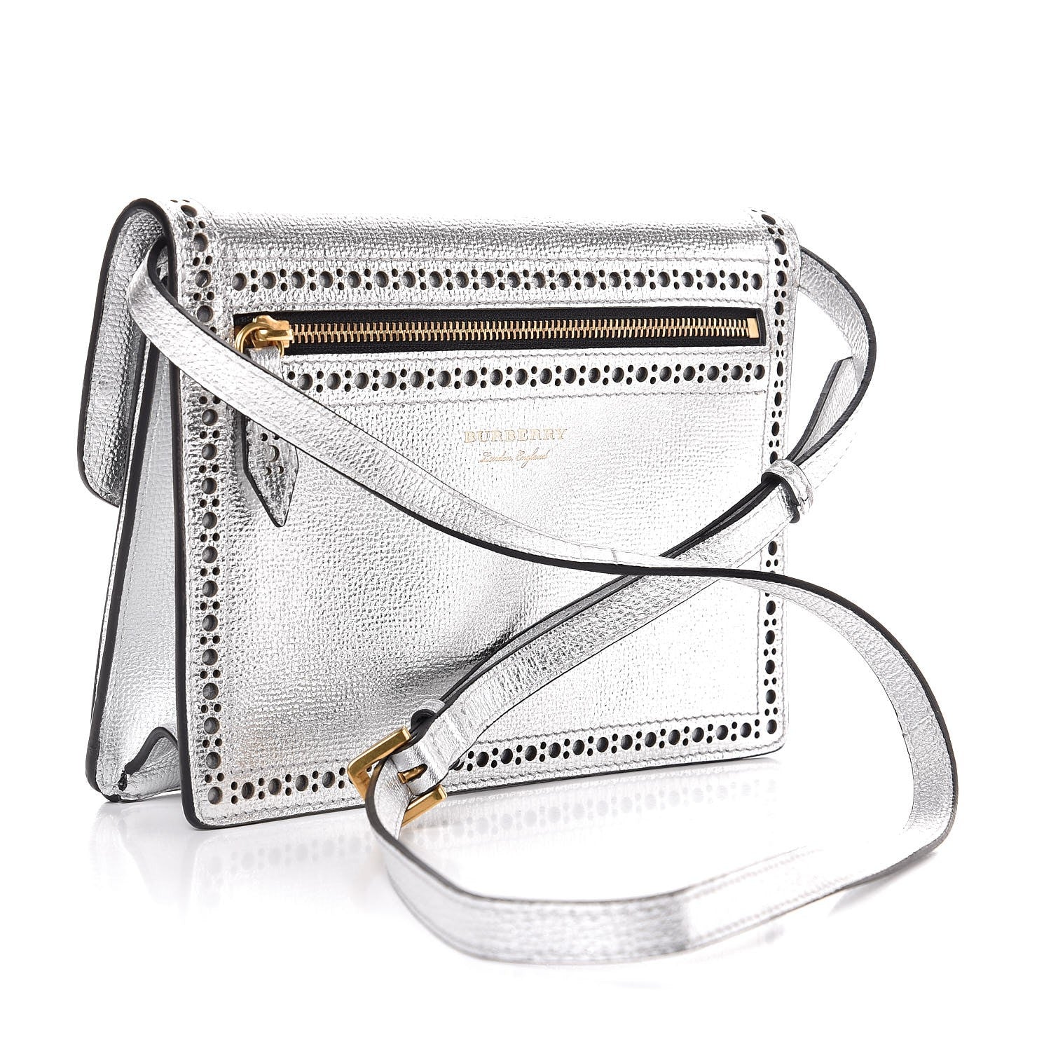 Burberry Metallic Grainy Calfskin Broguing Tassel Small Macken Crossbody Bag Silver 3 of 7