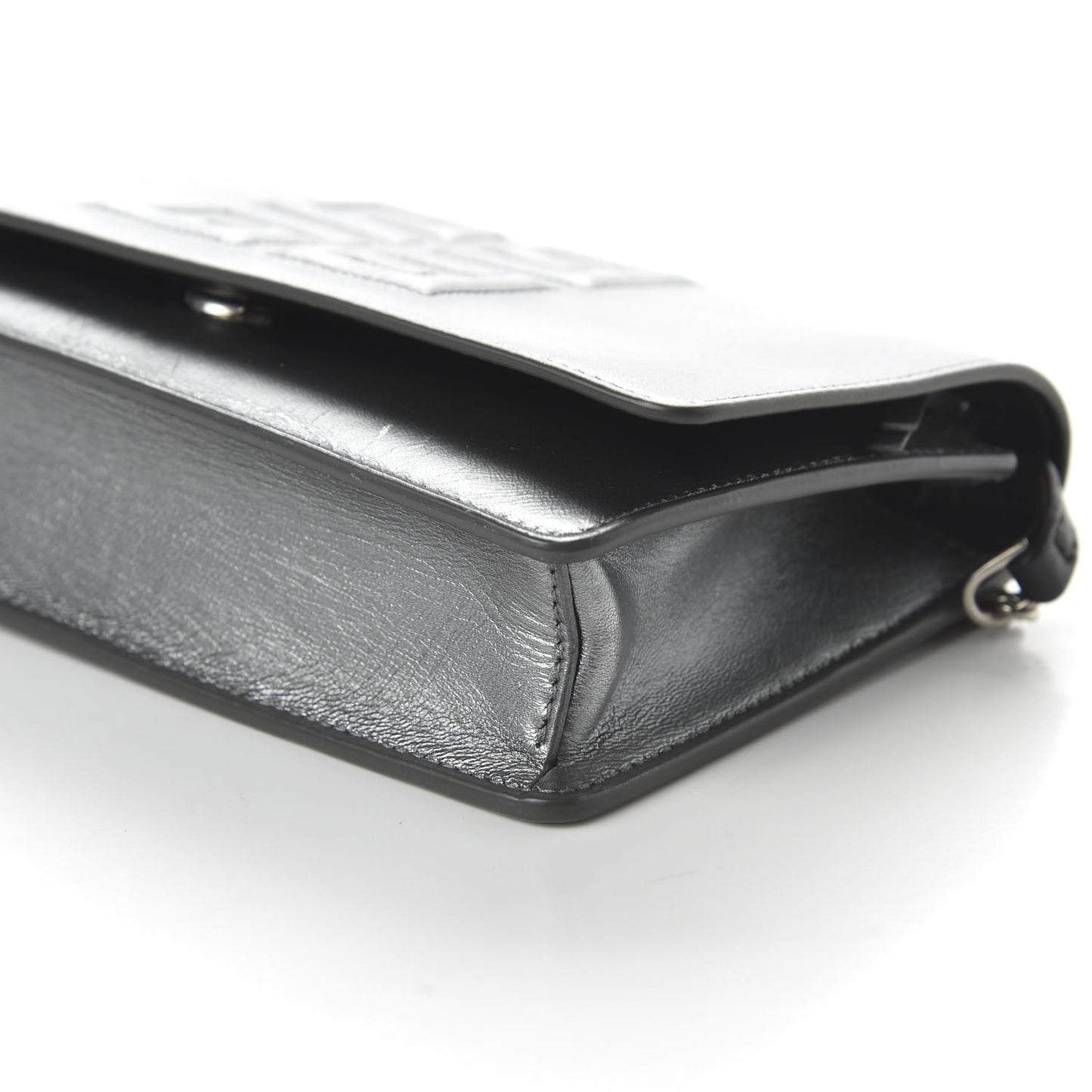 Metallic Lambskin Emblem Chain Wallet Silver