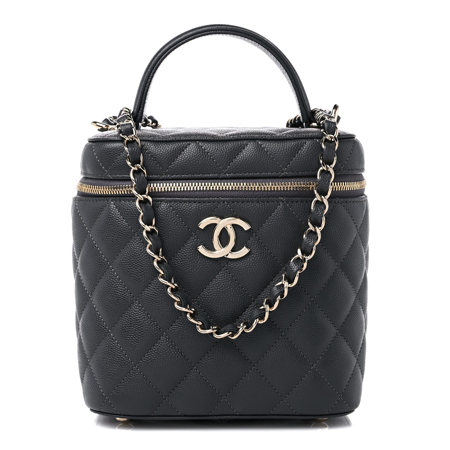 Caviar Quilted Small Top Handle Vanity Case With Chain Dark Grey