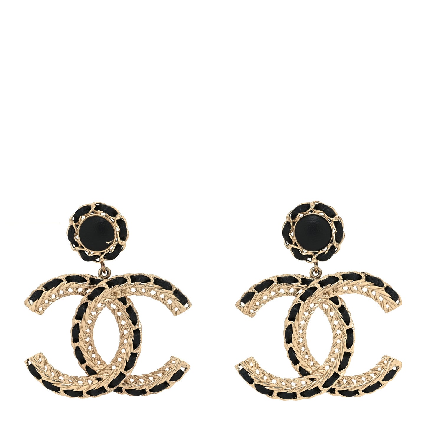 Lambskin CC Chain Drop Earrings Black Gold
