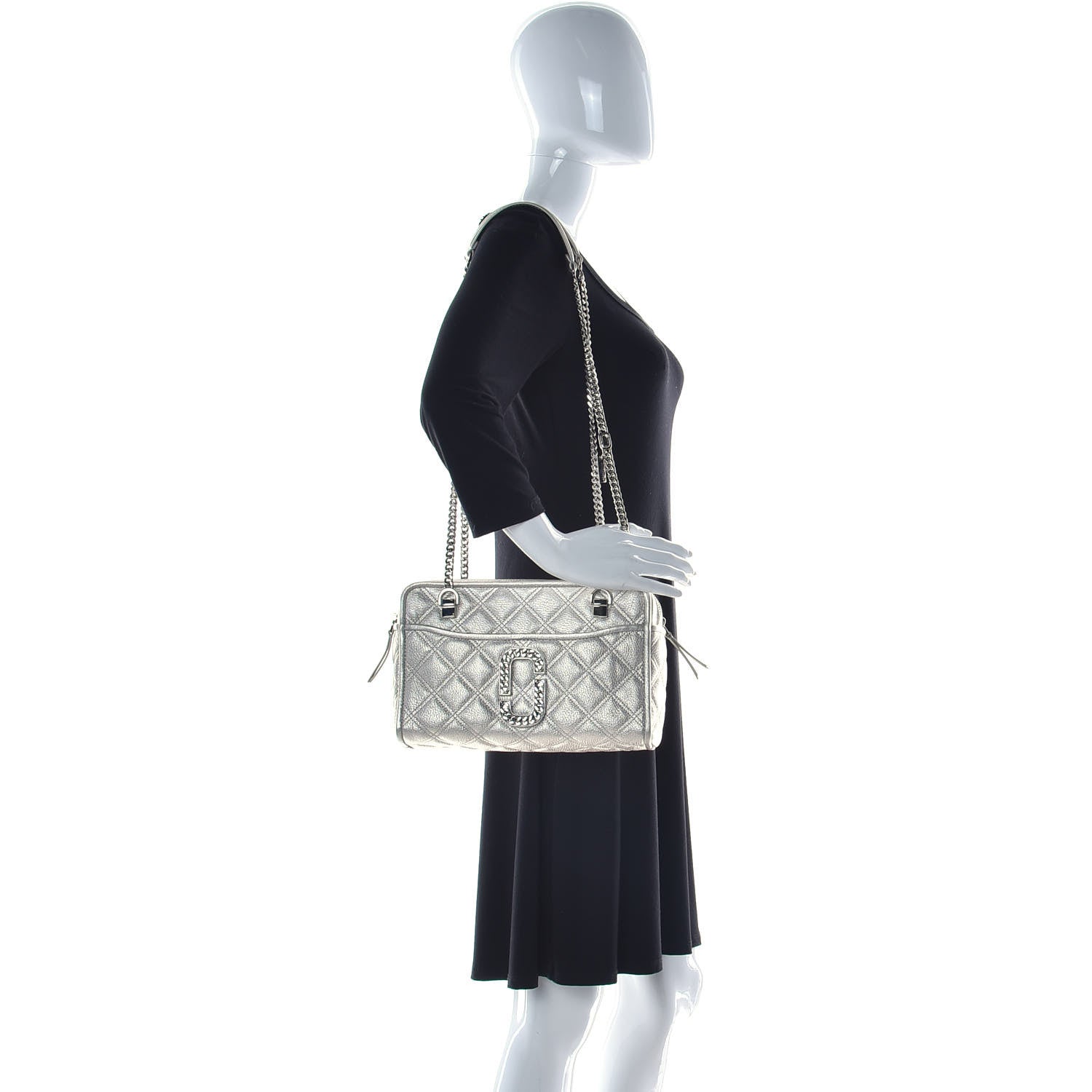 Marc Jacobs Metallic Grained Calfskin Quilted Double Stitched The Status Shoulder Bag Platinum 2 of 13