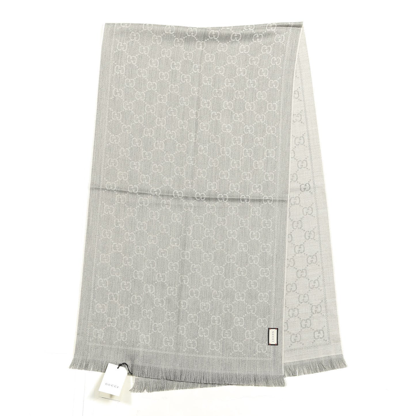 Wool Jacquard GG Monogram Sten Fringe Scarf Zinc Light Grey