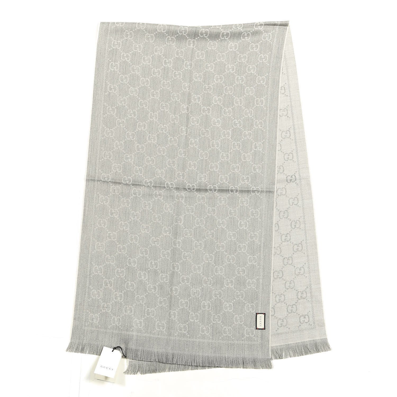 Gucci Wool Jacquard GG Monogram Sten Fringe Scarf Zinc Light Grey 2 of 4