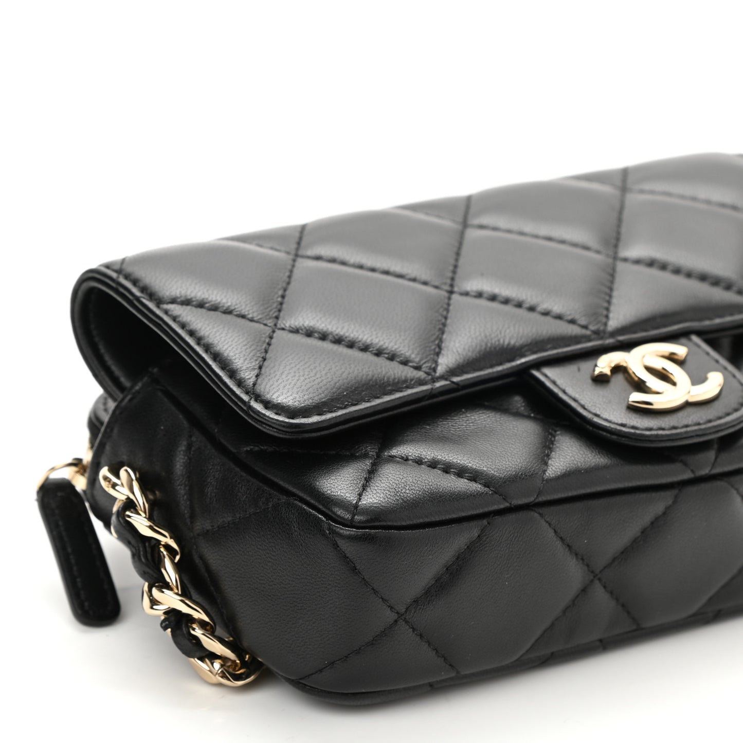 Lambskin Quilted Resin Bi-Color Flap Phone Holder With Chain Black