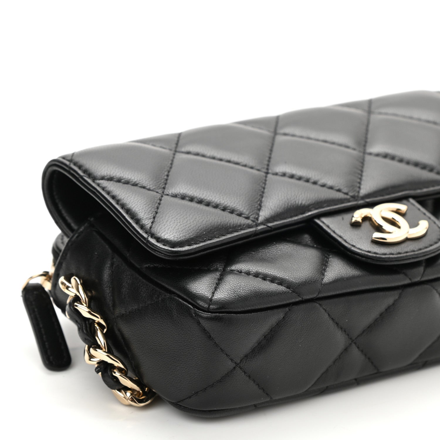 Chanel Lambskin Quilted Resin Bi-Color Flap Phone Holder With Chain Black 10 of 11