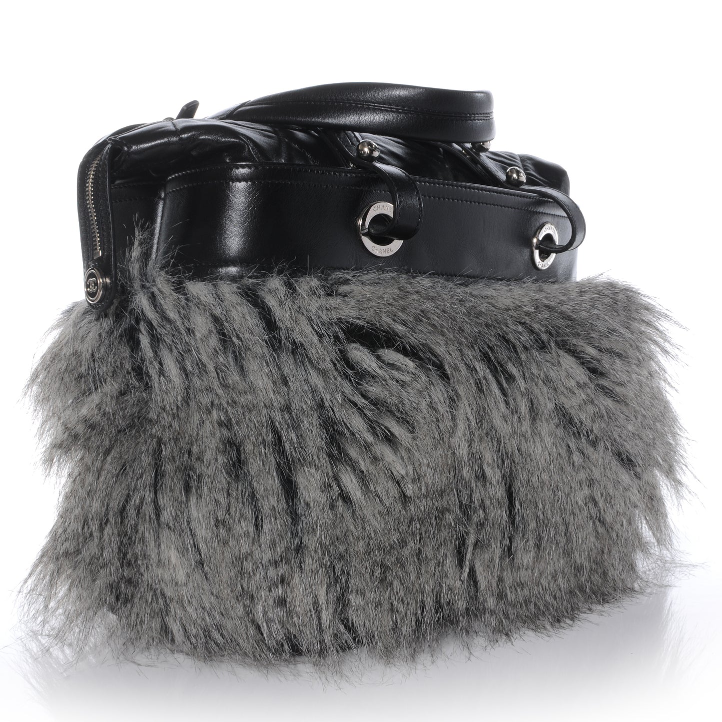Quilted Lambskin Fantasy Fur Shopper Tote Black
