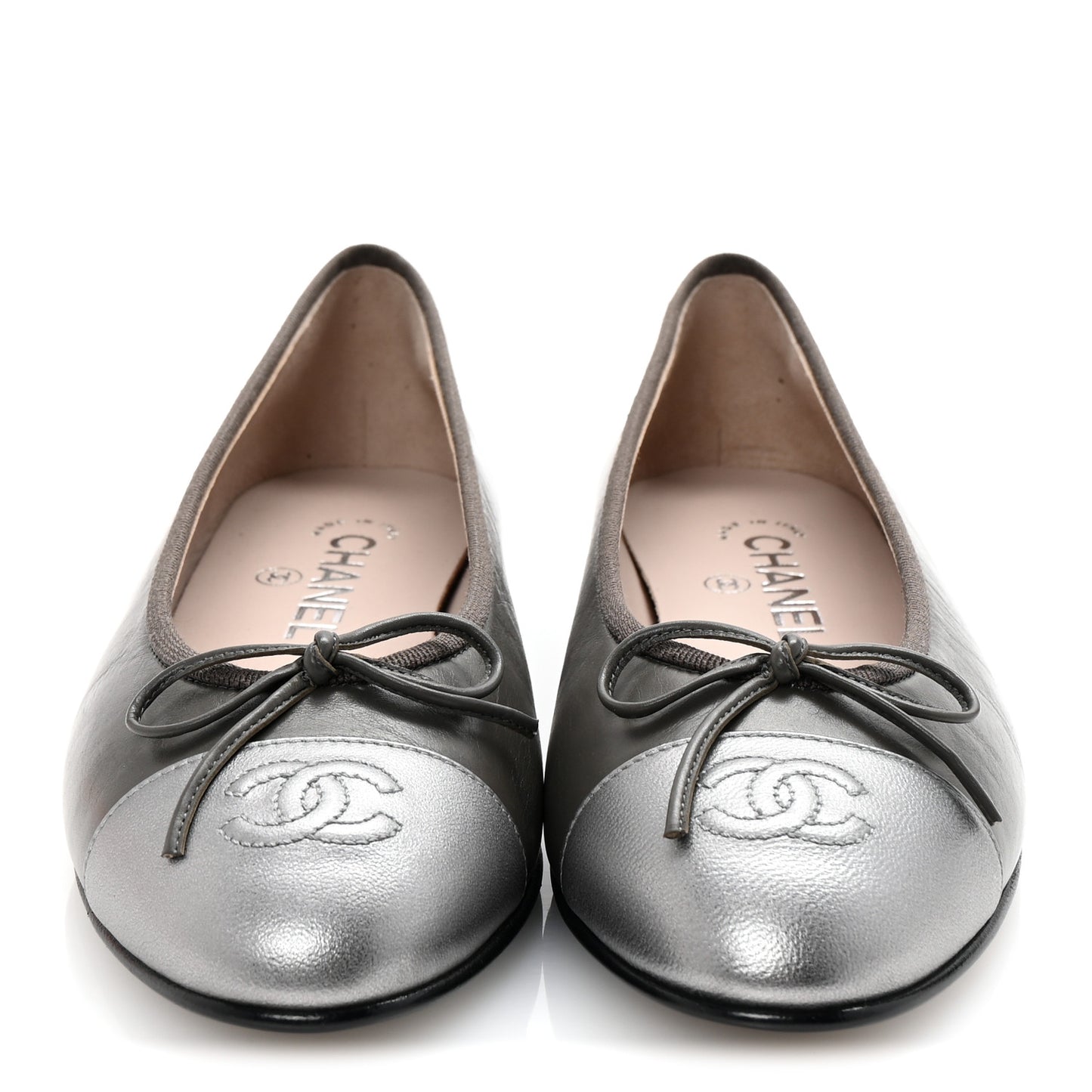Calfskin Metallic Goatskin CC Cap Toe Ballerina Flats 37.5 Gris Argent