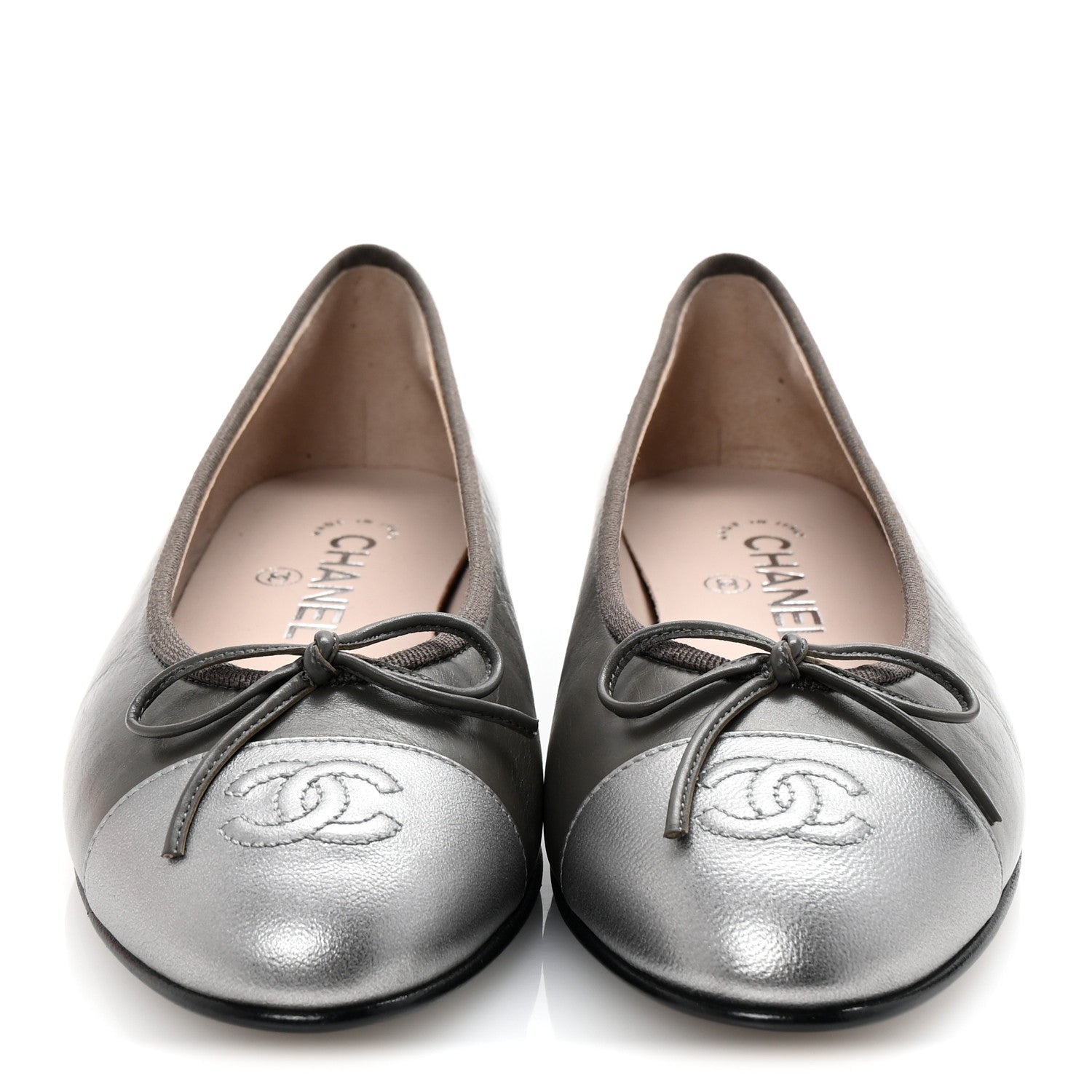 Chanel Calfskin Metallic Goatskin CC Cap Toe Ballerina Flats 37.5 Gris Argent 2 of 10