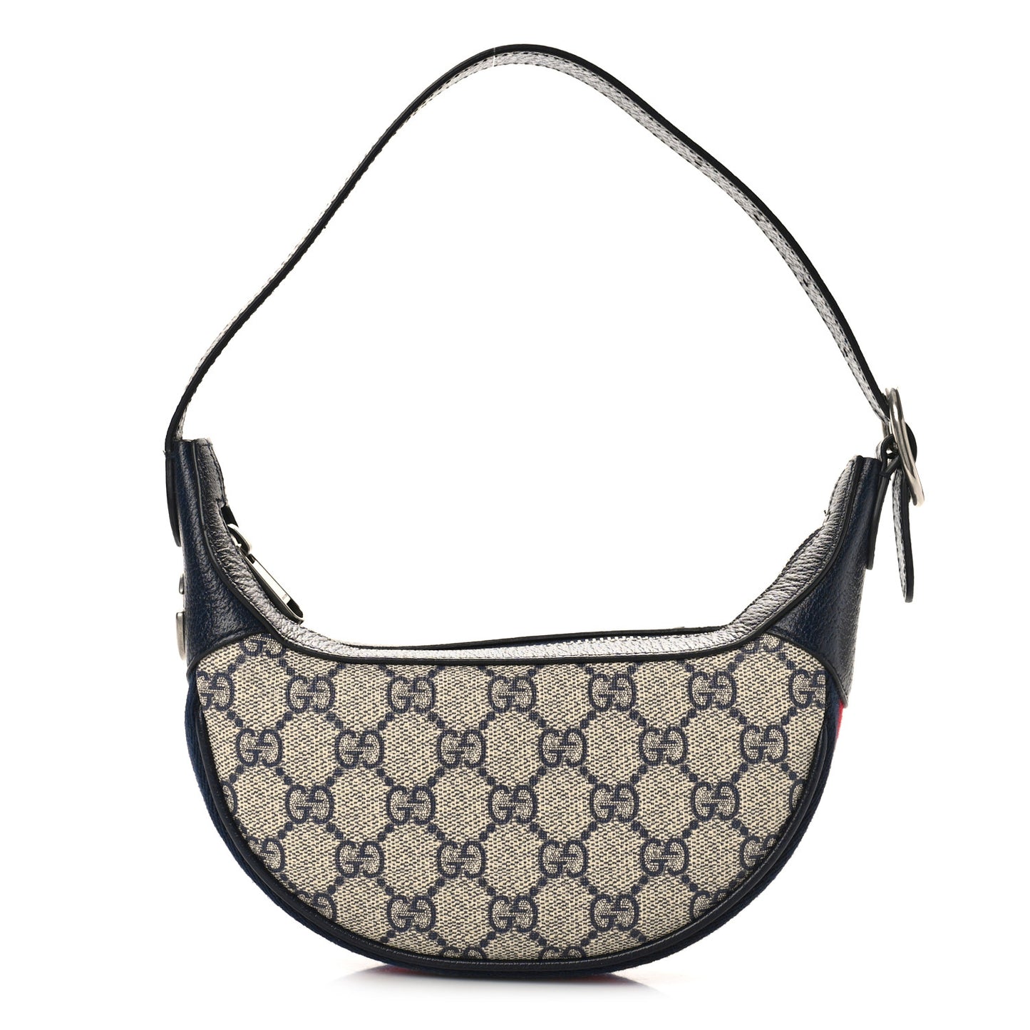 GG Supreme Monogram Textured Dollar Calfskin Web Mini Ophidia Half Moon Hobo Beige Blue