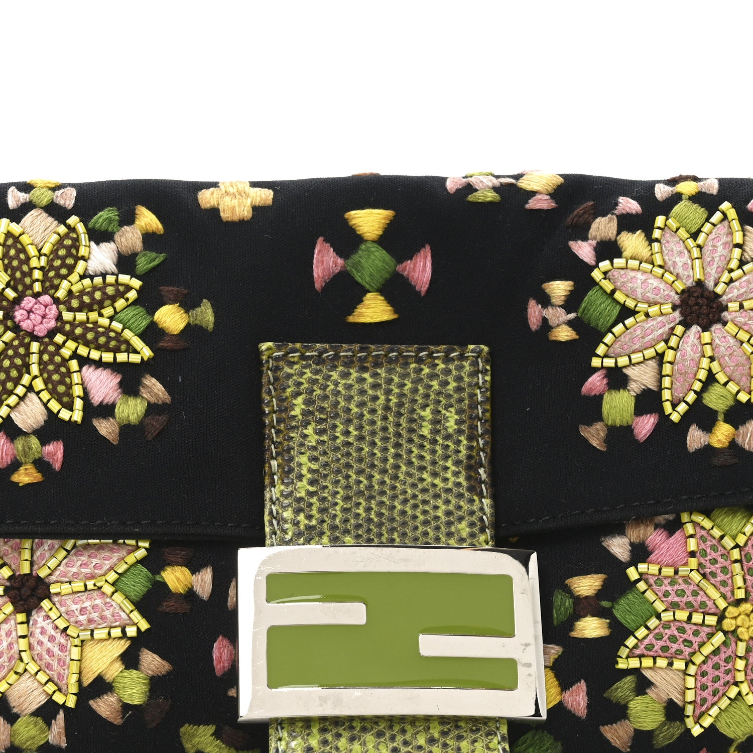 Fendi Neoprene Lizard Beaded Embroidered Baguette Black Green