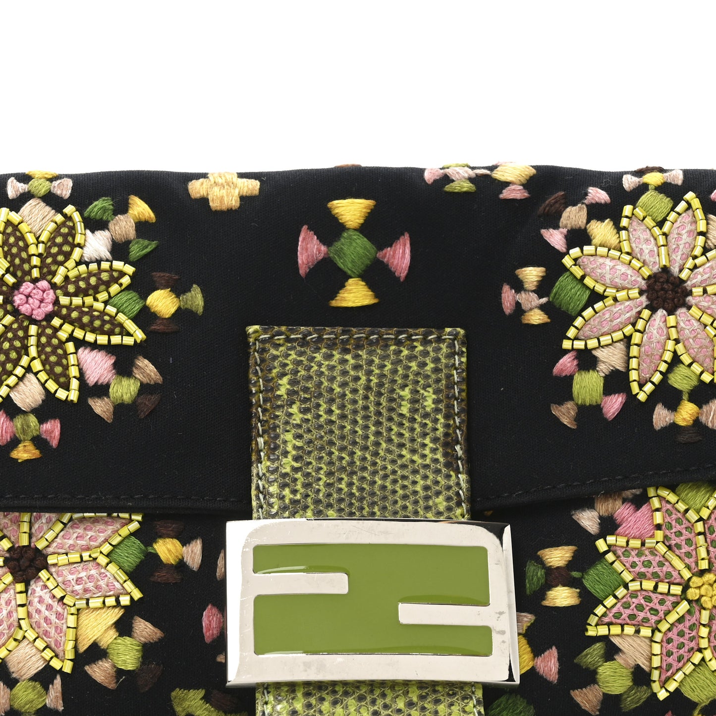 Neoprene Lizard Beaded Embroidered Baguette Black Green Multicolor