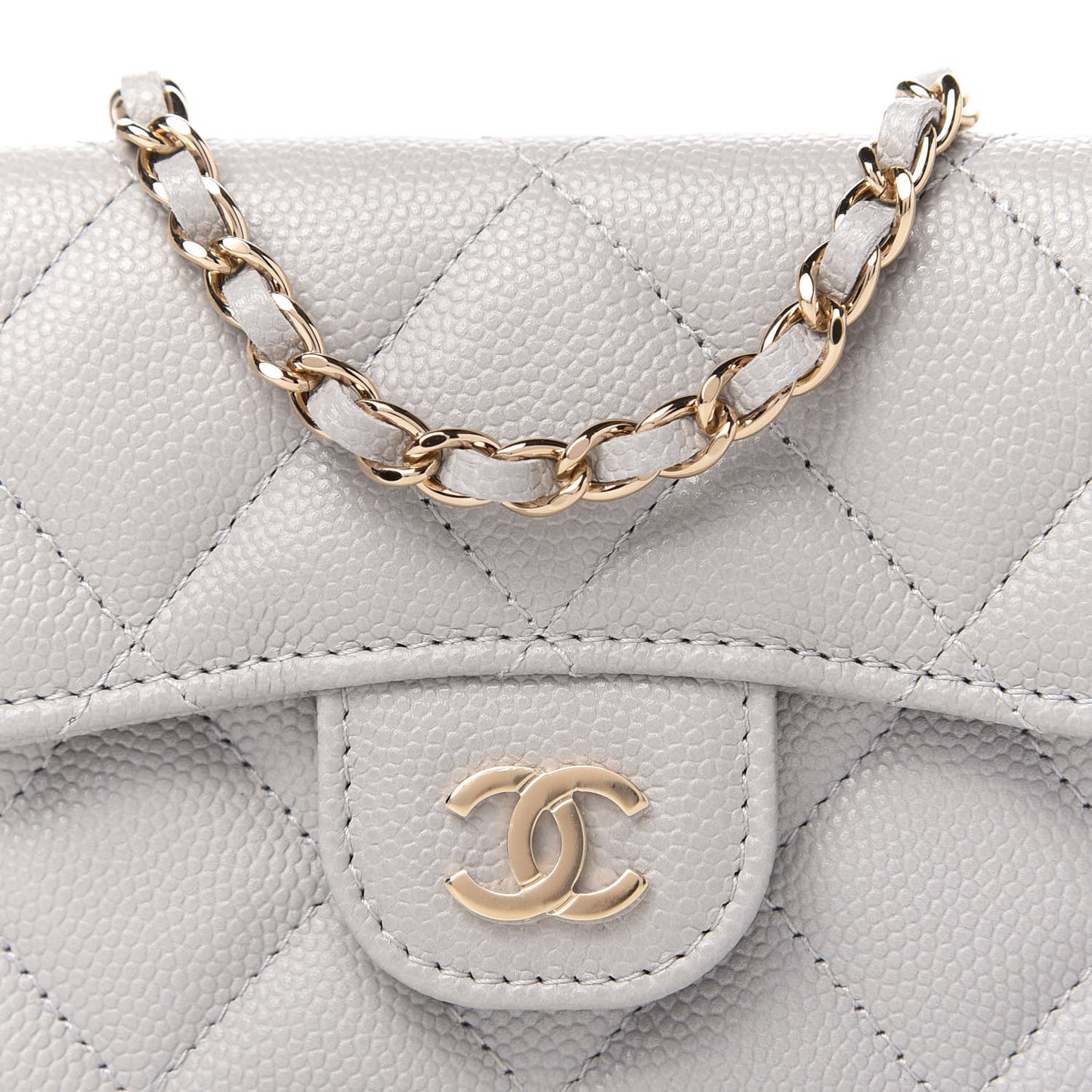 Caviar Quilted Flap Card Holder On Chain Grey