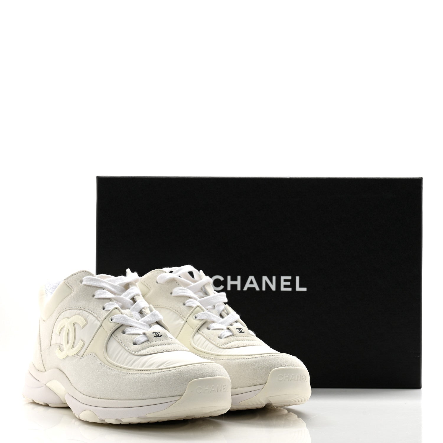 Chanel Nylon Calfskin Suede Fabric CC Sneakers 39.5 White 10 of 10