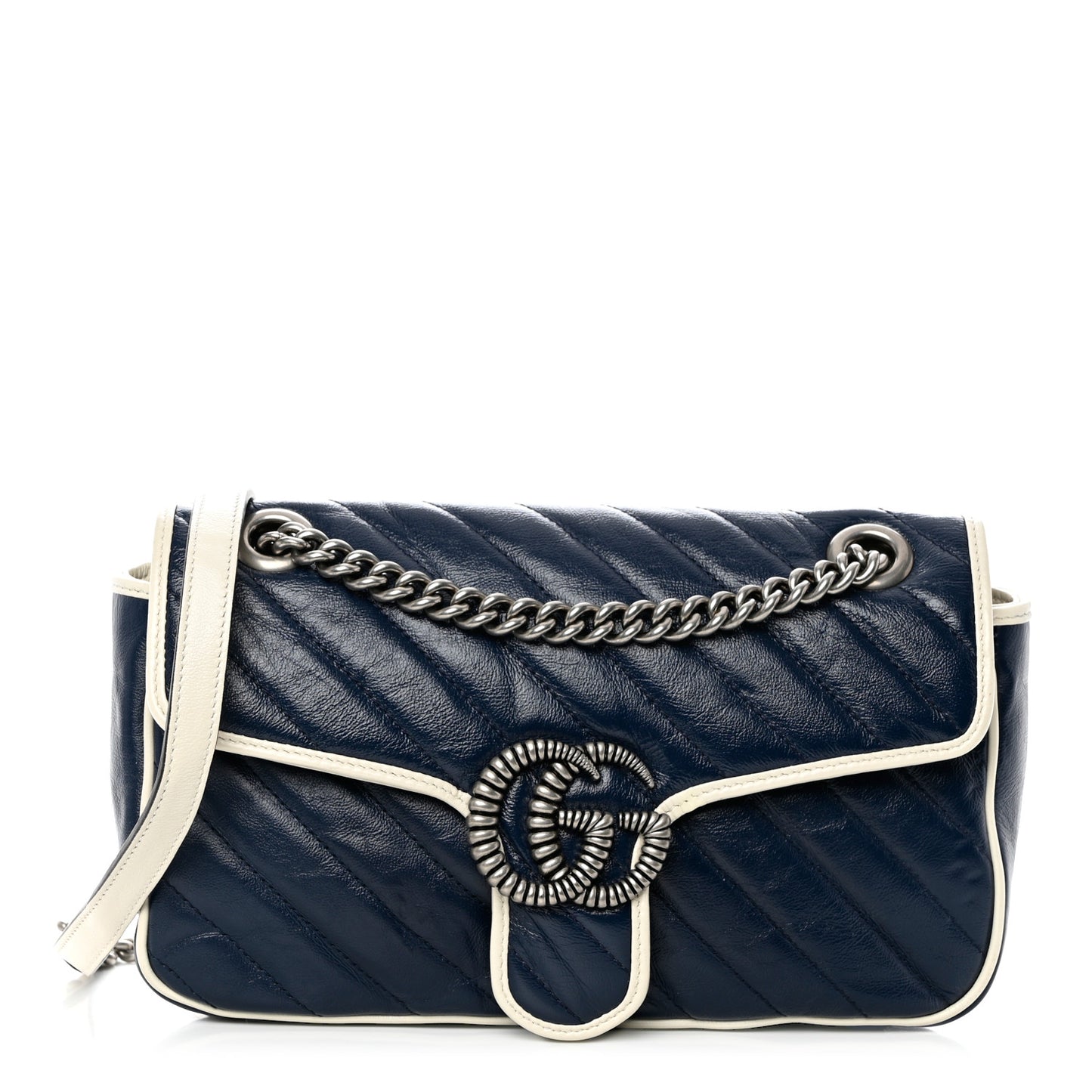 Vintage Effect Calfskin Matelasse Diagonal Small Torchon GG Marmont Shoulder Bag Blue Agata Mystic White