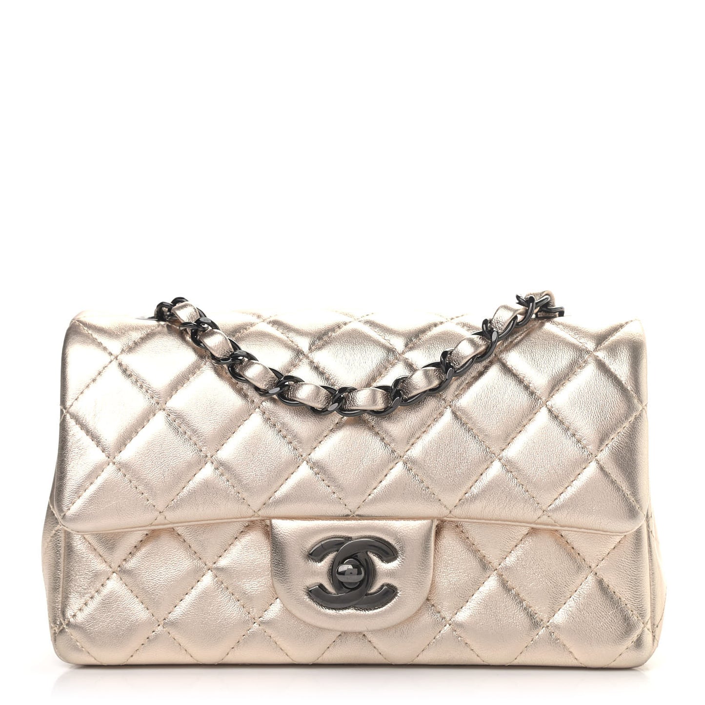 Metallic Lambskin Quilted Mini Rectangular Flap Gold Black