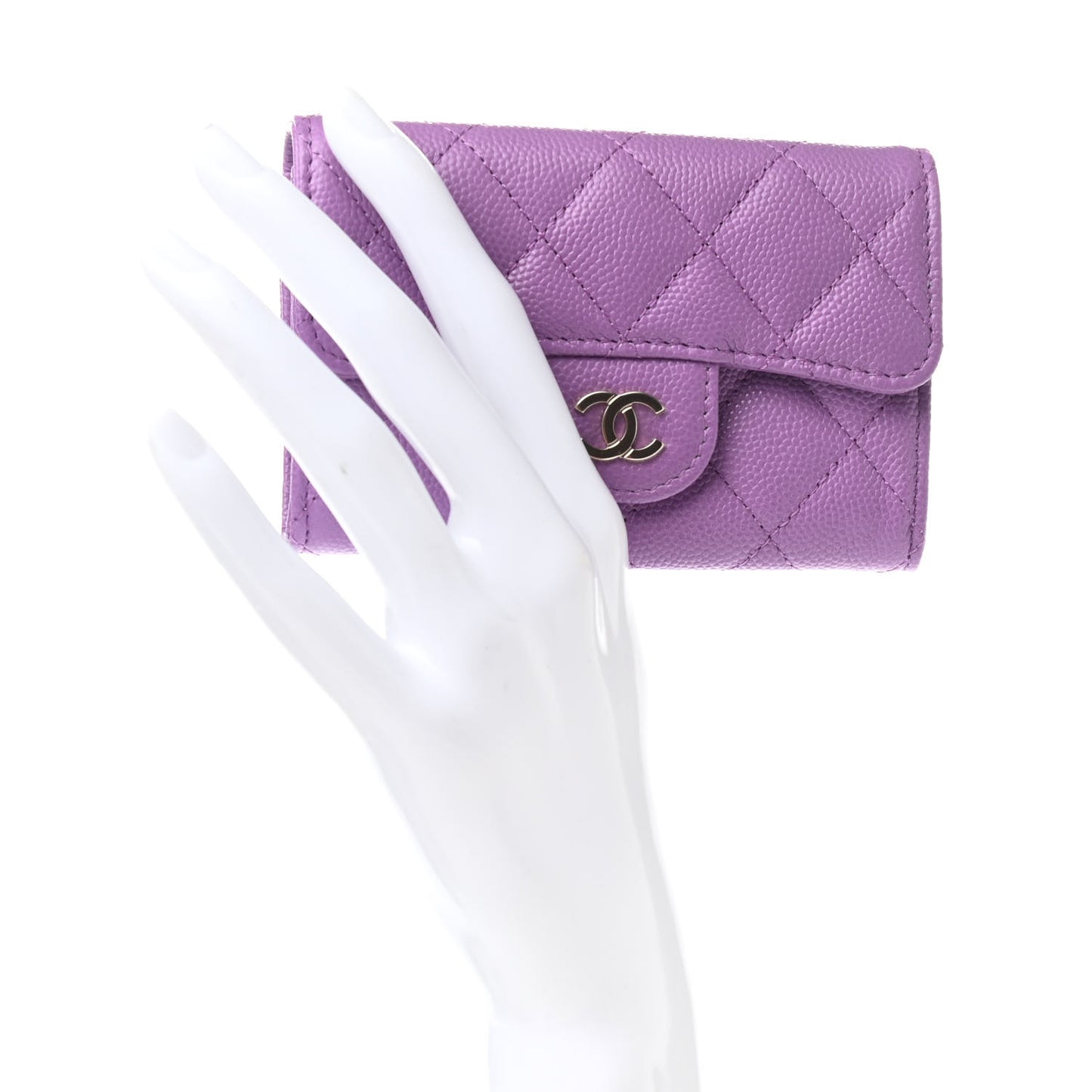 Caviar Quilted Flap Card Holder Wallet Purple