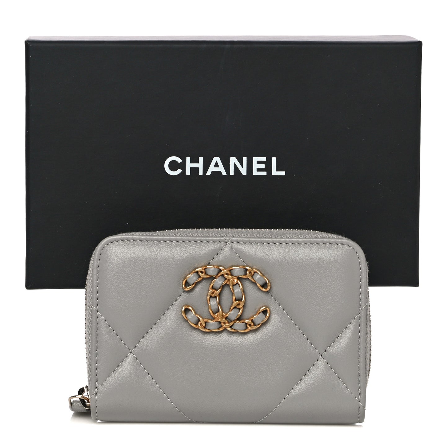 Lambskin Quilted Chanel 19 Zip Around Coin Purse Wallet Grey