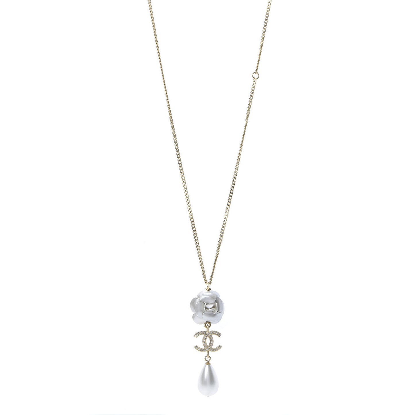 Crystal Pearl CC Camellia Necklace Gold