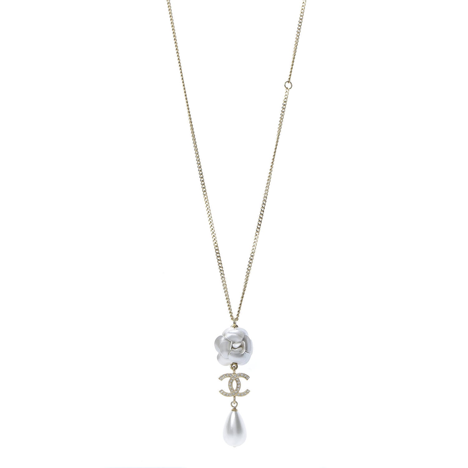Chanel Crystal Pearl CC Camellia Necklace Gold 1 of 5