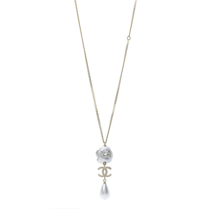 Chanel Crystal Pearl CC Camellia Necklace Gold 1 of 5