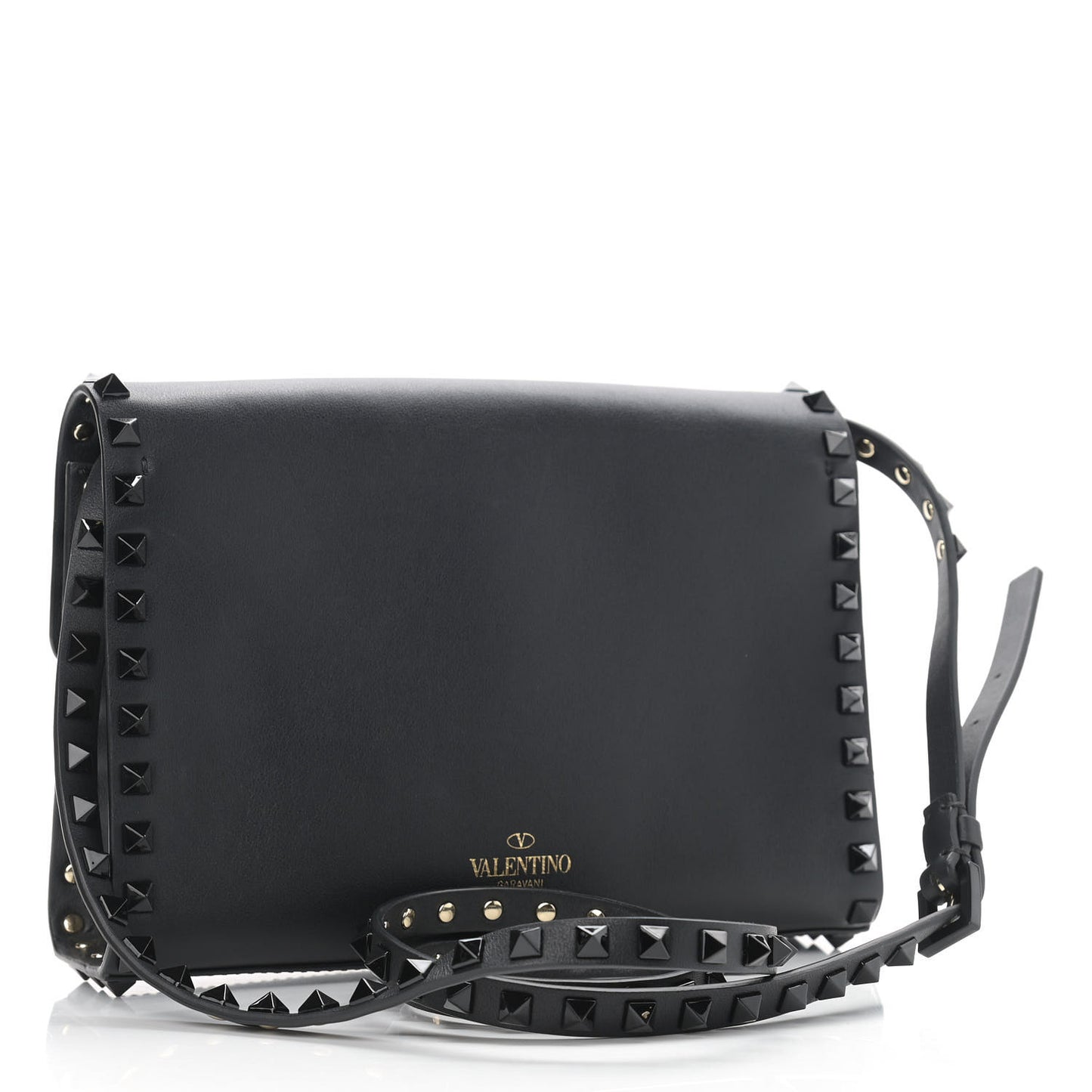 Vitello Monochrome Medium Rockstud Flip Lock Crossbody Bag Black