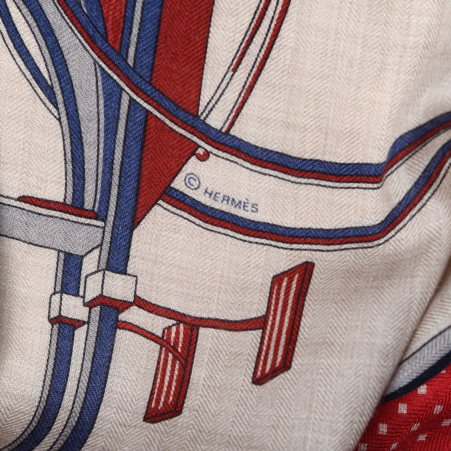 Hermes Cashmere Silk Les Voitures A Transformation Shawl 140 Naturel Rouge H Bleu 6 of 7