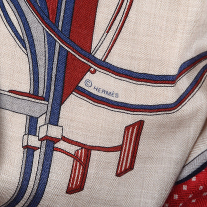 Hermes Cashmere Silk Les Voitures A Transformation Shawl 140 Naturel Rouge H Bleu 6 of 7