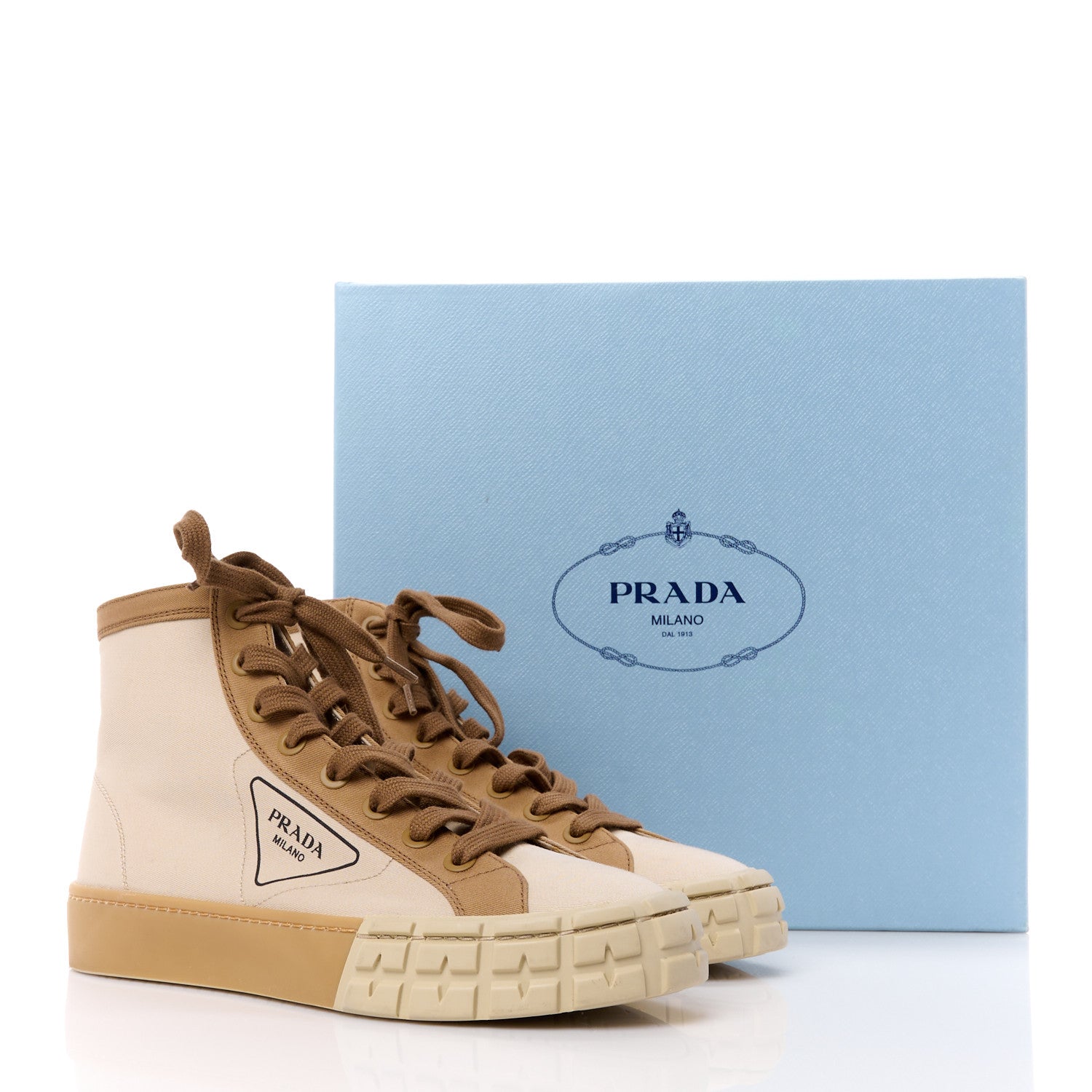 Prada Gabardine Triangle Logo Bi-Color Wheel High Top 35mm Sneakers 38.5 Corda Kaki 10 of 10