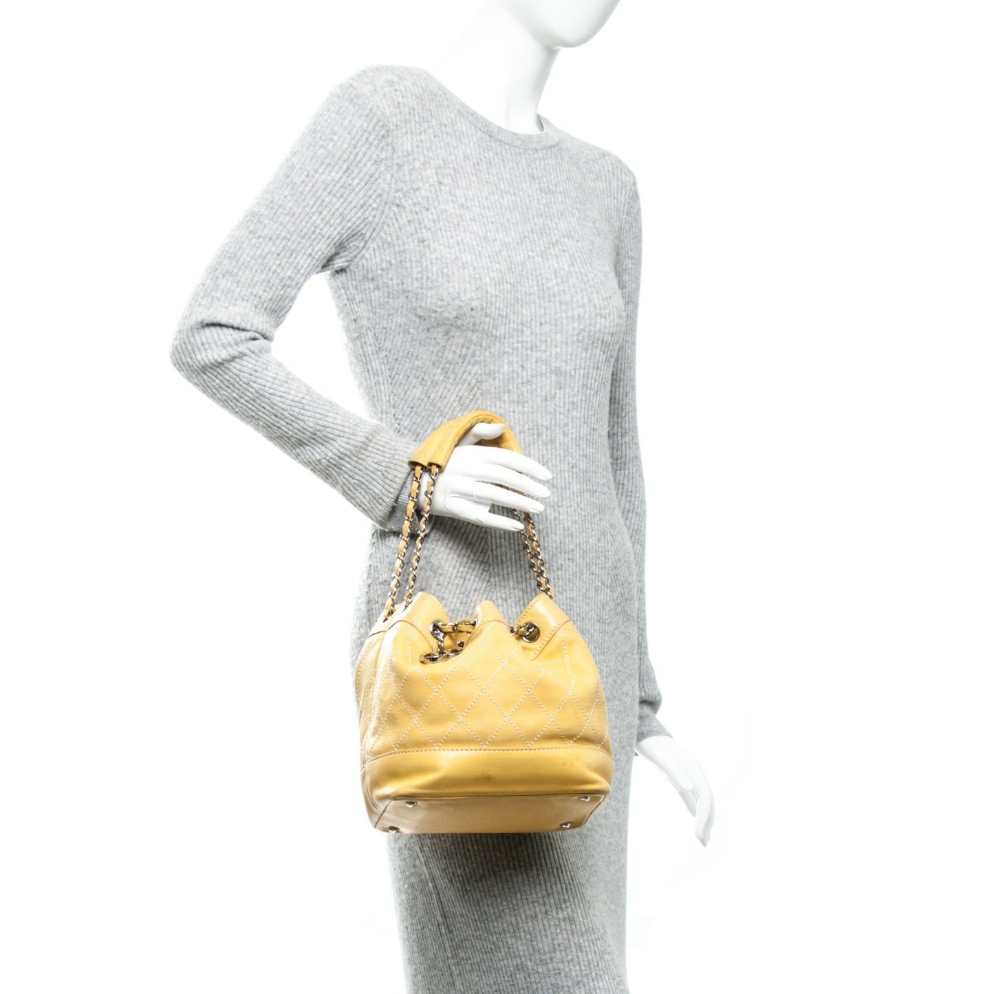 Lambskin Contrast Stitch Drawstring Shoulder Bag Yellow