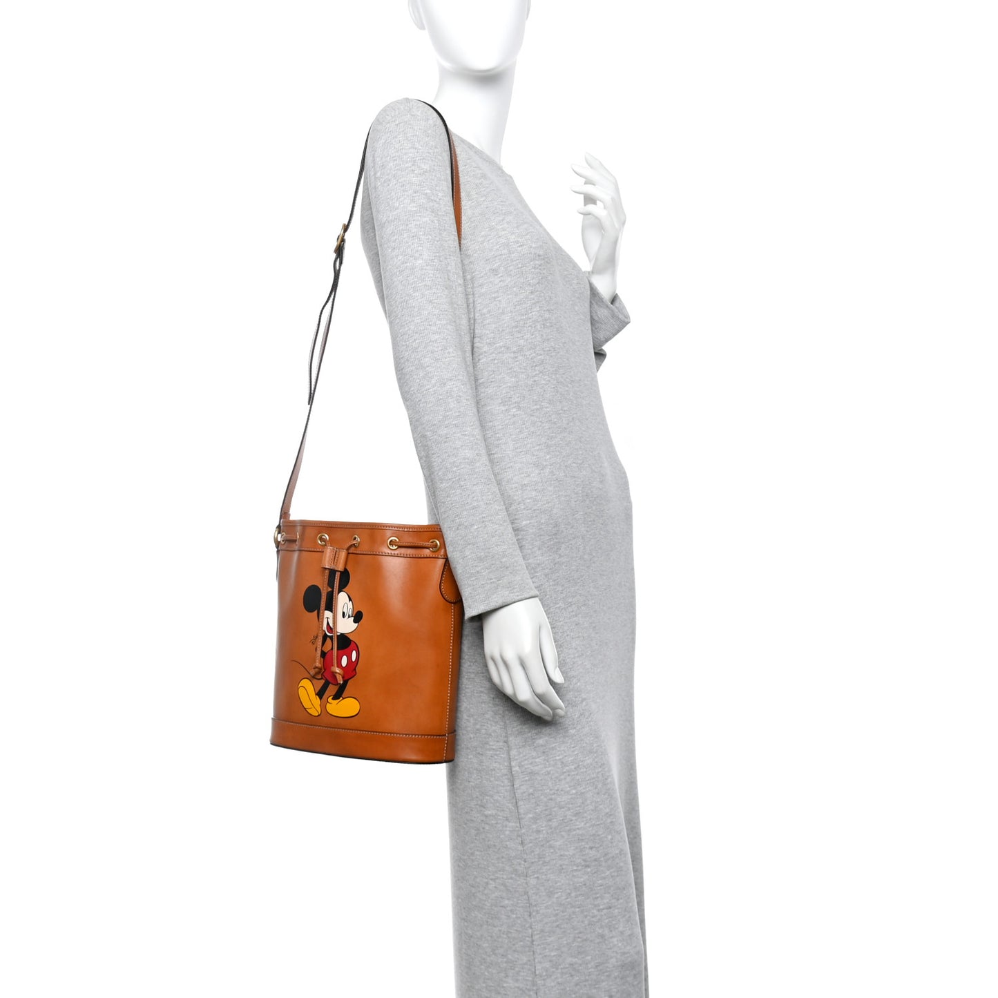 X DISNEY Calfskin Mickey Mouse Printed Bucket Bag Brown