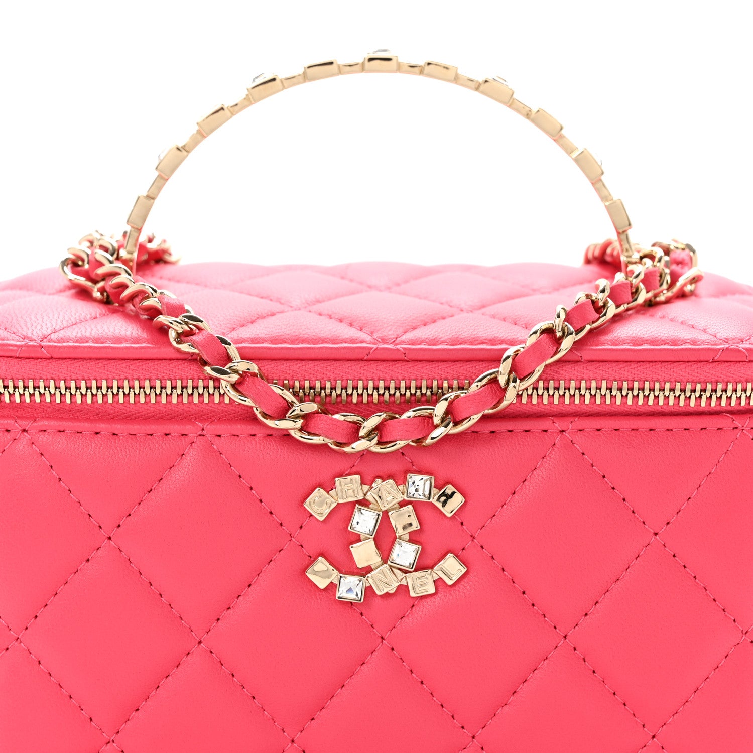 Chanel Lambskin Quilted Baguette Crystal Top Handle Vanity Case With Chain Fuchsia 8 of 12