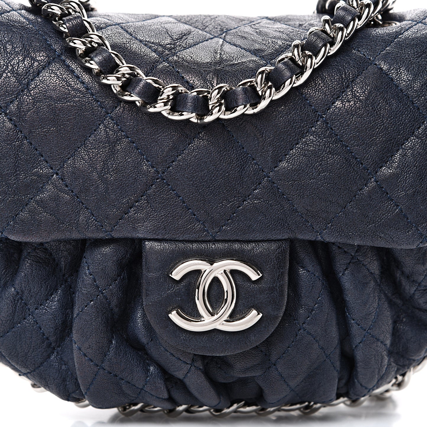 Washed Lambskin Quilted Mini Chain Around Flap Navy Blue