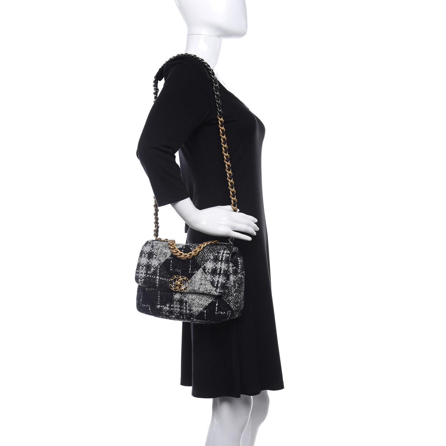 Chanel Tweed Quilted Medium Chanel 19 Flap Black White 2 of 9