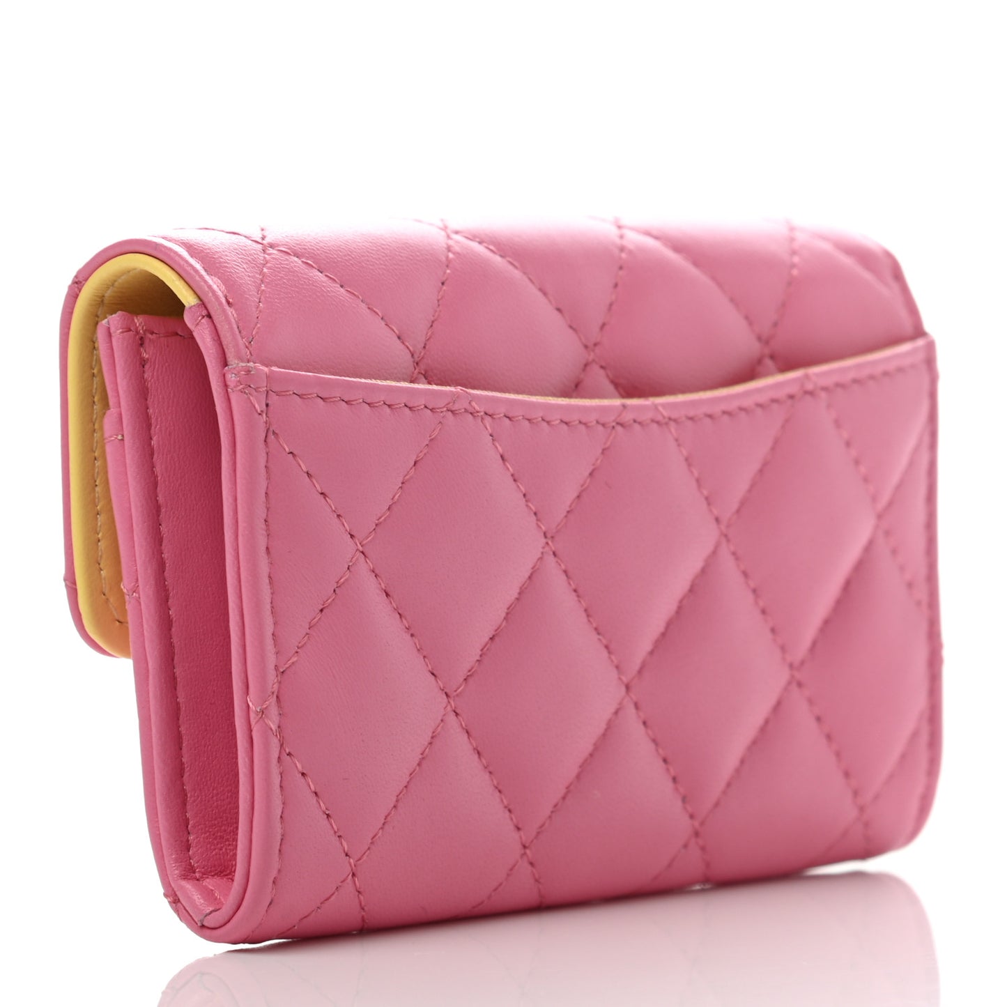 Lambskin Quilted Flap Card Holder Wallet Pink Yellow