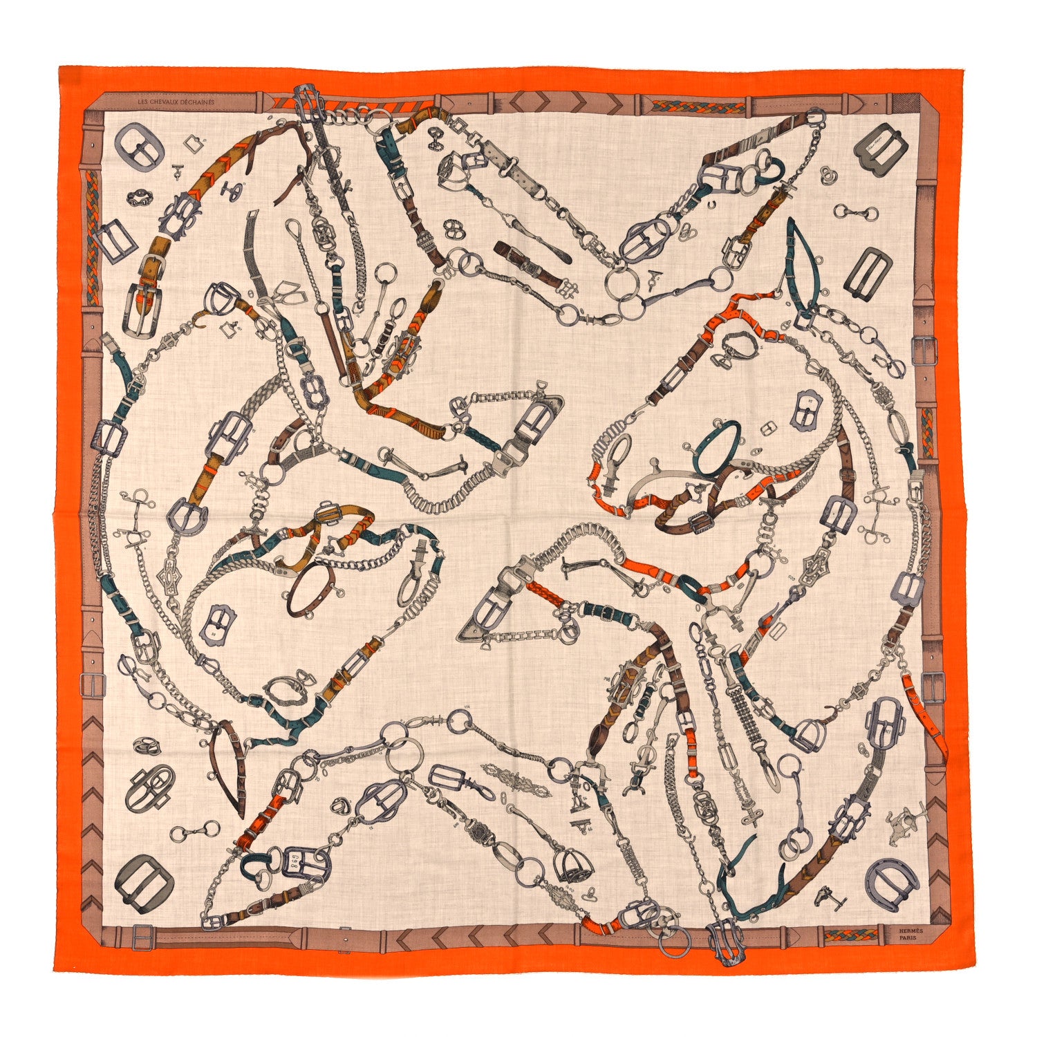 Hermes Cashmere Silk Chevaux Dechaines Shawl 140 Orange Naturel Gris 1 of 4